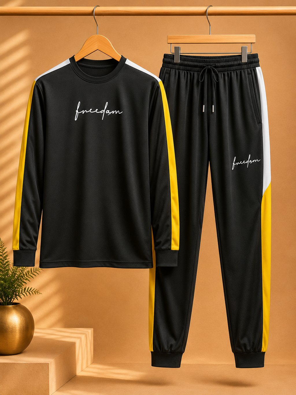 Premium 2 Pc Polyester Tracksuit - Yellow Balck White