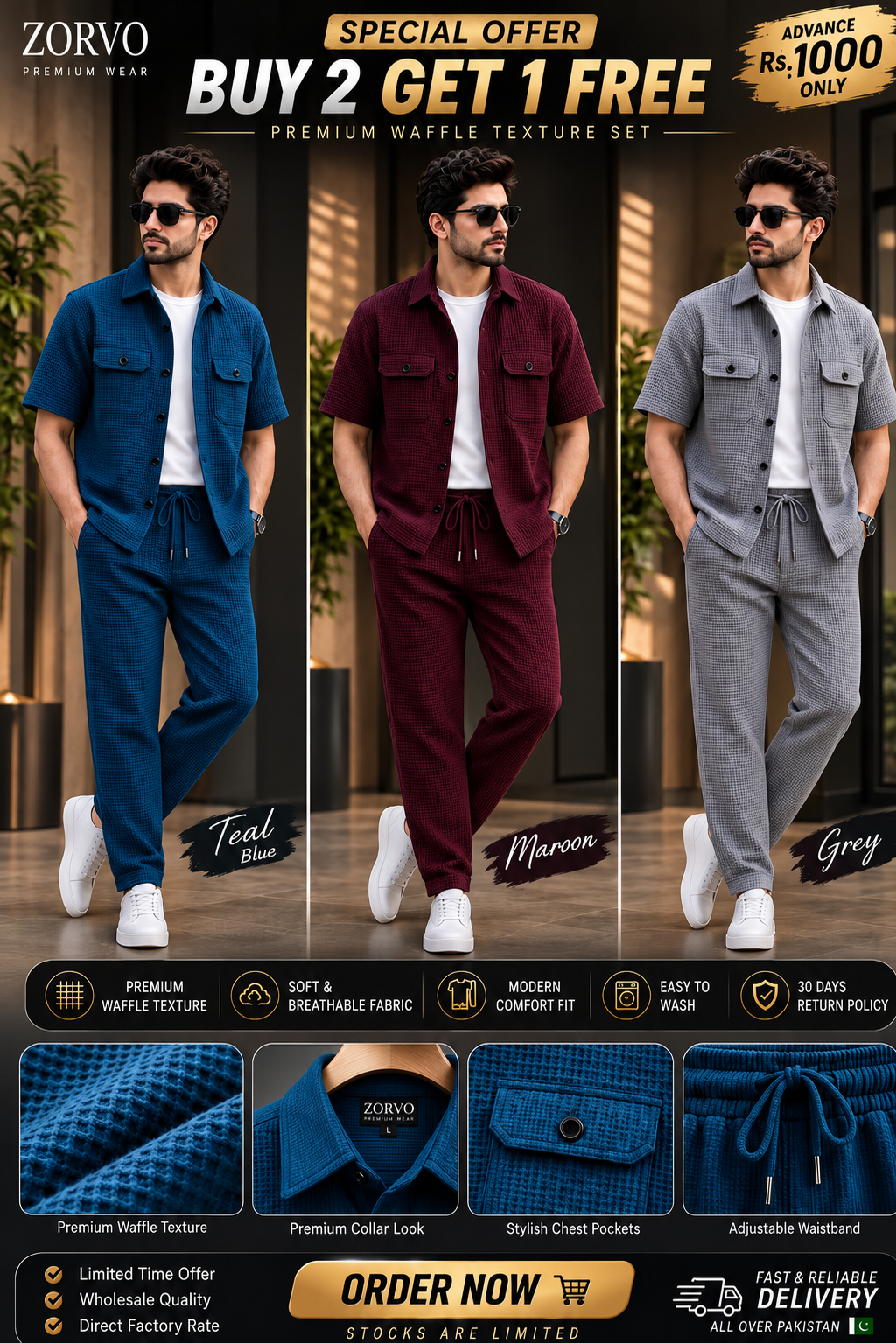 2pc Premium Co-ord Set for mens -  Waffel Buy 2Get 1 Free.