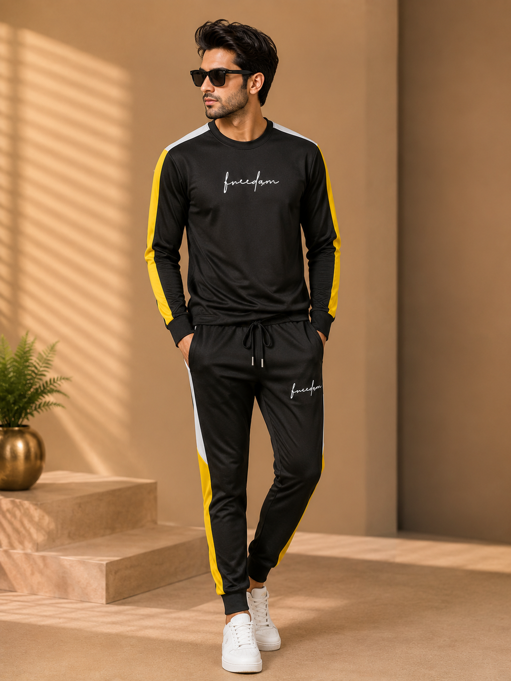 Premium 2 Pc Polyester Tracksuit - Yellow Balck White