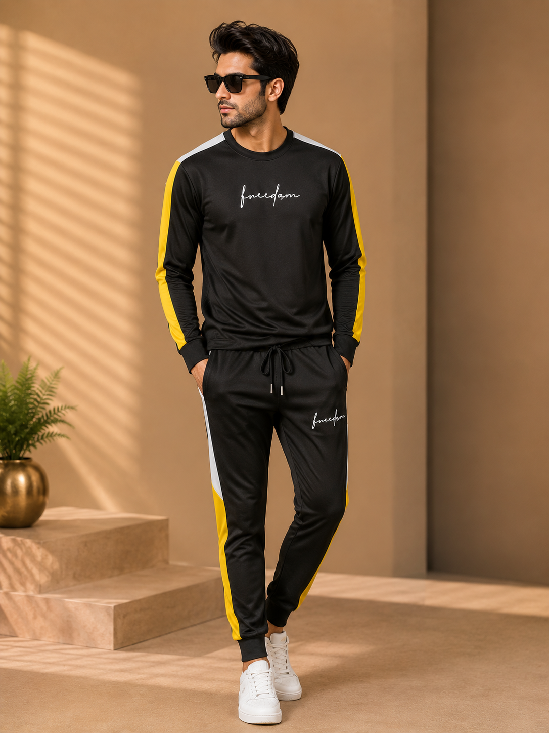 Premium 2 Pc Polyester Tracksuit - Yellow Balck White