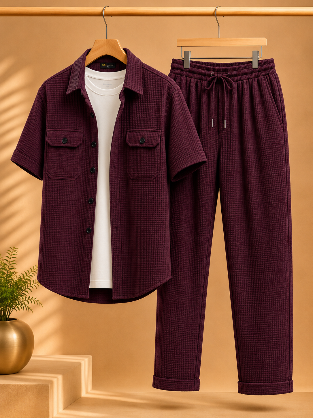 3pc Premium Co-ord Set for mens -  Waffel  Maroon Cherry  Red