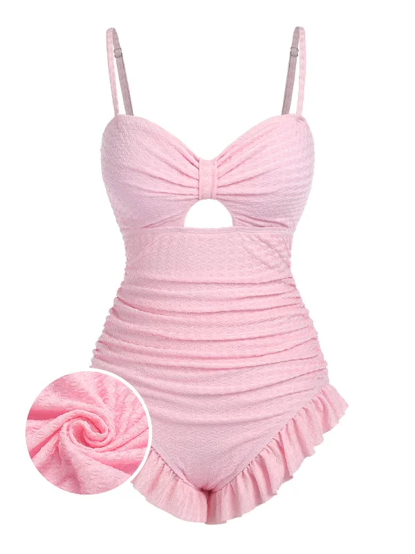 Lace - trimmed bikini for an elegant and romantic touchPale Pink 1950s Solid Ruched Swimsuit