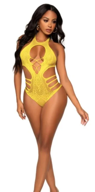 Mesh Bodysuits for a Bold and Edgy Fashion StatementLace Cut Out Strappy Bodysuit Yellow