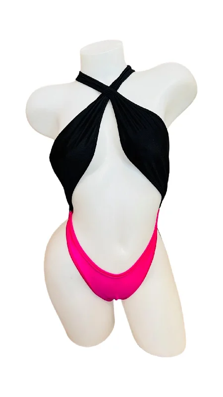 Neon Bodysuits to Stand Out at PartiesCross Shoulder Bodysuit Black/Pink