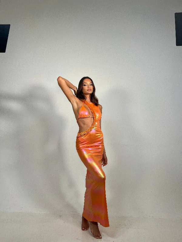 Monokini - style bikini with a unique one - piece - meets - bikini designMetallic Orange - LYSSA Dress