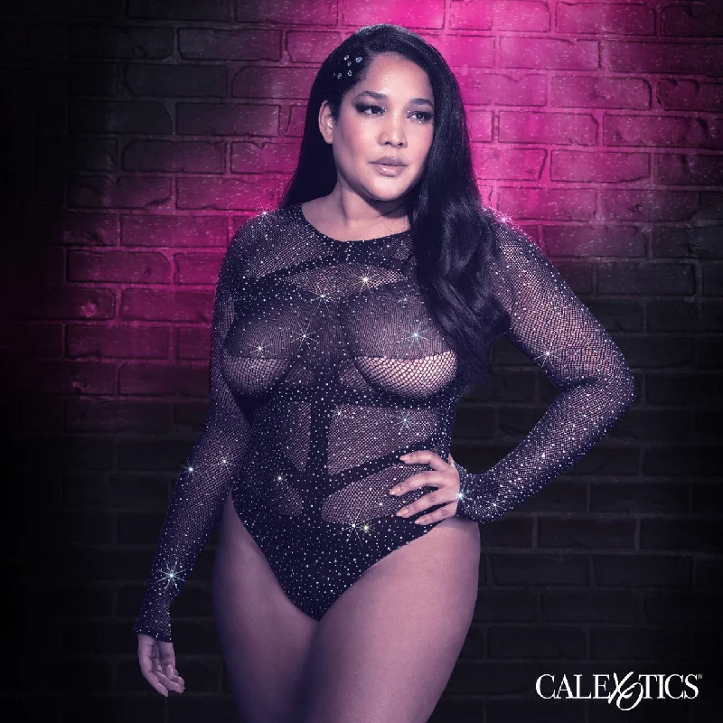 Sheer Bodysuits for a Seductive and Alluring OutfitRadiance LONG SLEEVE BODYSUIT Black with Sparkling Rhinestones Plus Size Fits Up To 3X