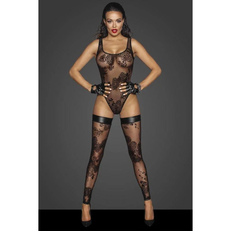 Cut - Out Bodysuits for a Trendy and Fashion - Forward StyleTulle Bodysuit  w Patterned Flock Embroidery