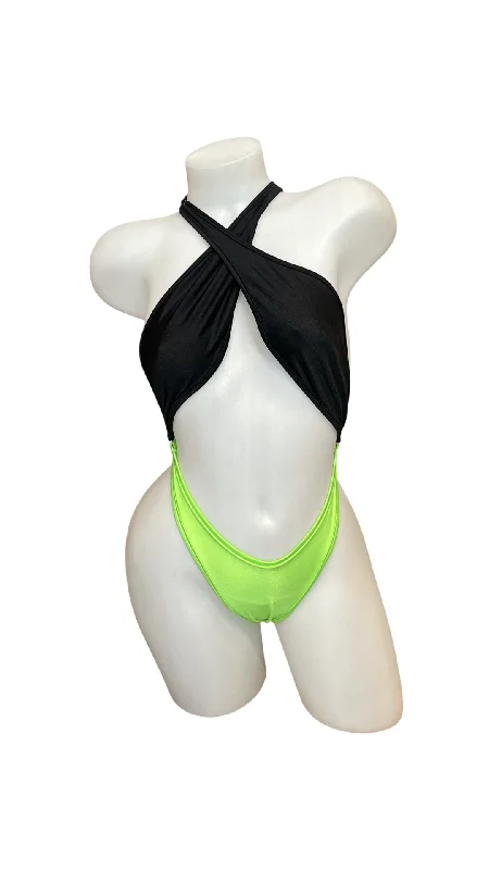 Cut - Out Bodysuits for a Trendy and Fashion - Forward StyleCross Shoulder Bodysuit Black/Green