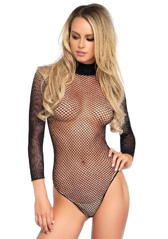 Sheer Bodysuits for a Seductive and Alluring OutfitFishnet High Neck Long Sleeved Bodysuit Black