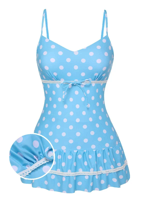 Lace - trimmed bikini for an elegant and romantic touchBlue 1940s Spaghetti Strap Polka Dots One-Piece Swimsuit