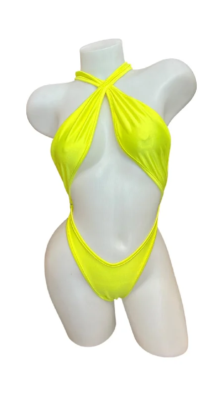 Crop Bodysuits to Pair with High - Waisted BottomsCross Shoulder Bodysuit Neon Yellow