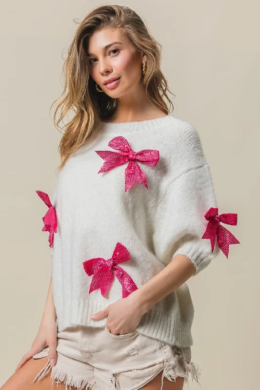 Organic Cotton Women Sweater for an Eco - Friendly ChoiceBiBi Sequin Bow Puff Sleeve Sweater