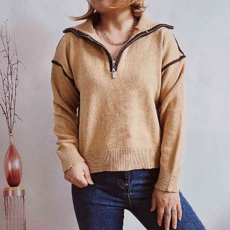 Button - Down Women Sweater for a Versatile LookExposed Seam Half Zip Sweater