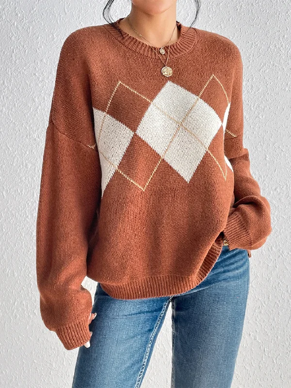 Mock - Neck Women Sweater for a Modern TwistEleanor Geometric Dropped Shoulder Sweater