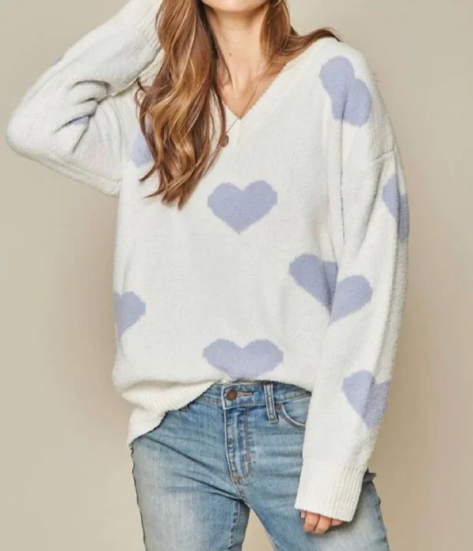 Chunky Knit Women Sweater for Winter WarmthHeart Sweater In Ivory/placid Blue