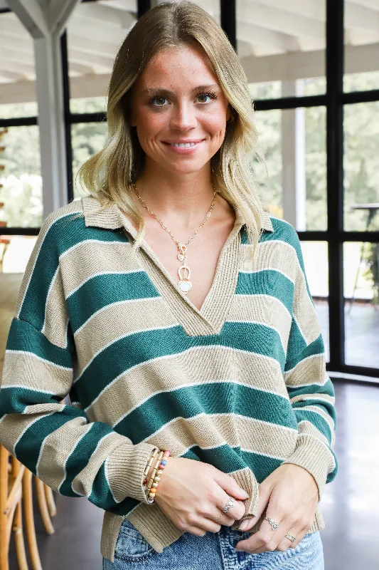 Striped Women Sweater with a Timeless PatternKiley Striped Polo Sweater, Hunter Green