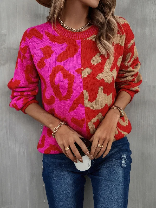 Cropped Women Sweater to Pair with High - Waisted BottomsLeopard Round Neck Long Sleeve Sweater