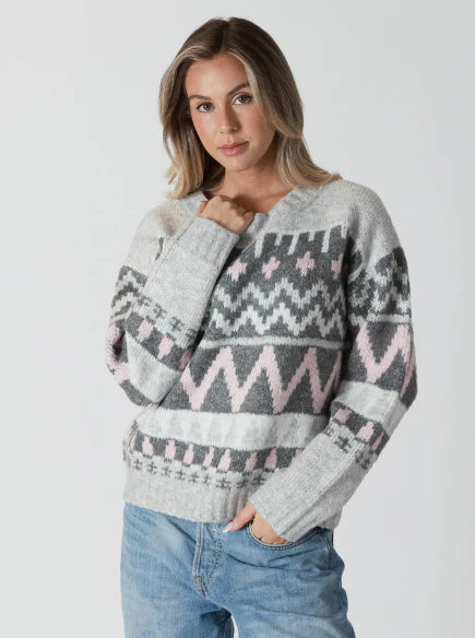 Chunky Knit Women Sweater for Winter WarmthLyla & Luxe Landen Grey/Pink Arctic Sweater