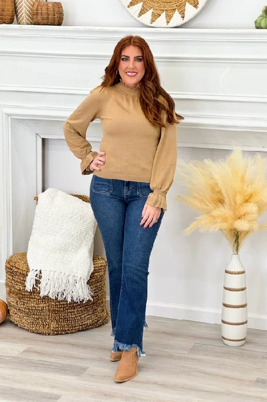 Hand - Knitted Women Sweater with Artisanal CharmBeige Taupe Ruffle Neck Long Sleeve Sweater