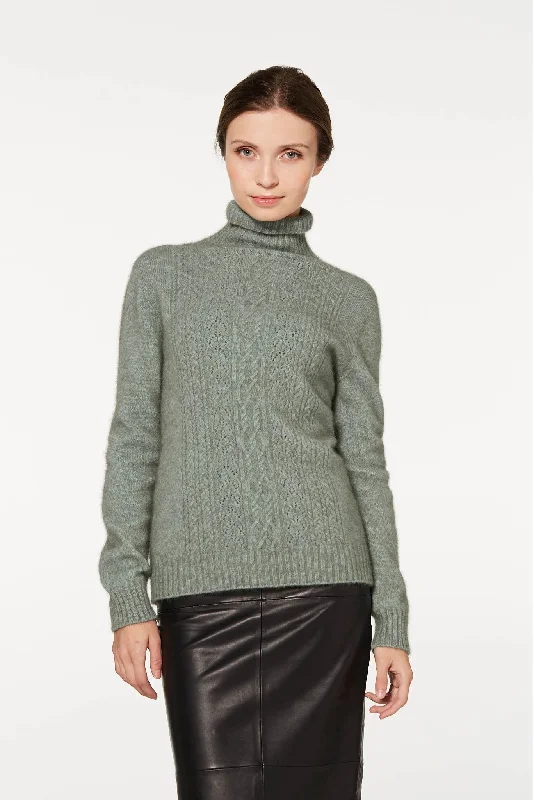 Long - Sleeve Women Sweater with Ribbed CuffsMcDonald - Polo Neck Sweater with Lace Detail in Merino Wool and Possum Fur