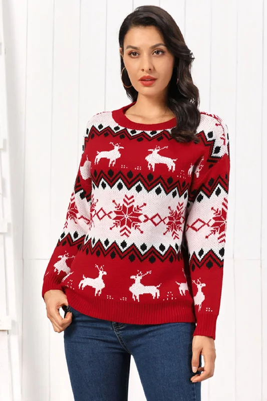 Long - Sleeve Women Sweater with Ribbed CuffsReindeer Round Neck Sweater