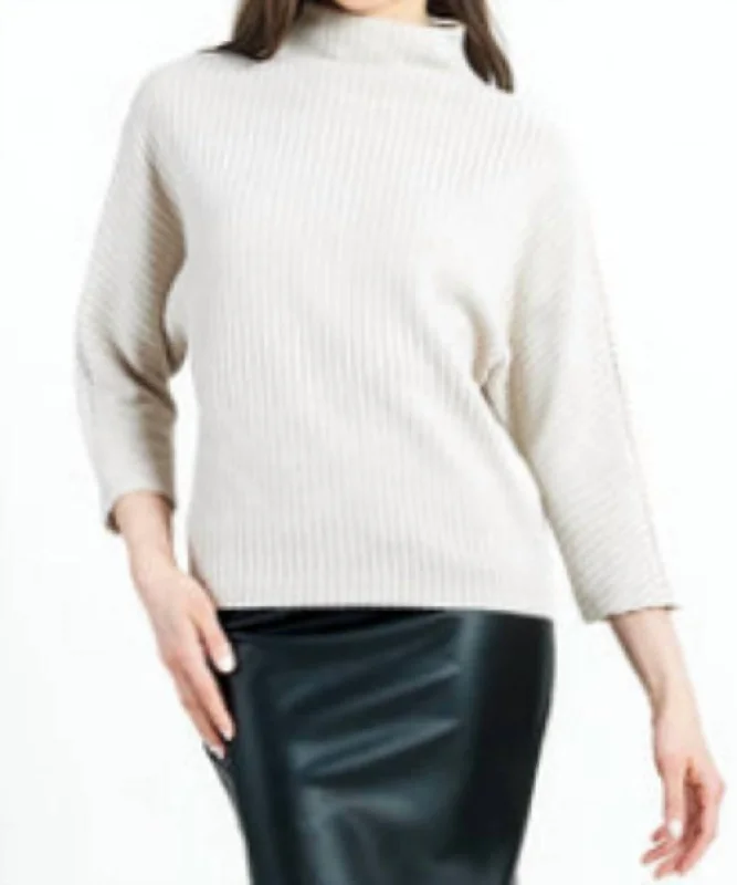 Long - Sleeve Women Sweater with Ribbed CuffsRibbed Funnel Neck Sweater In White