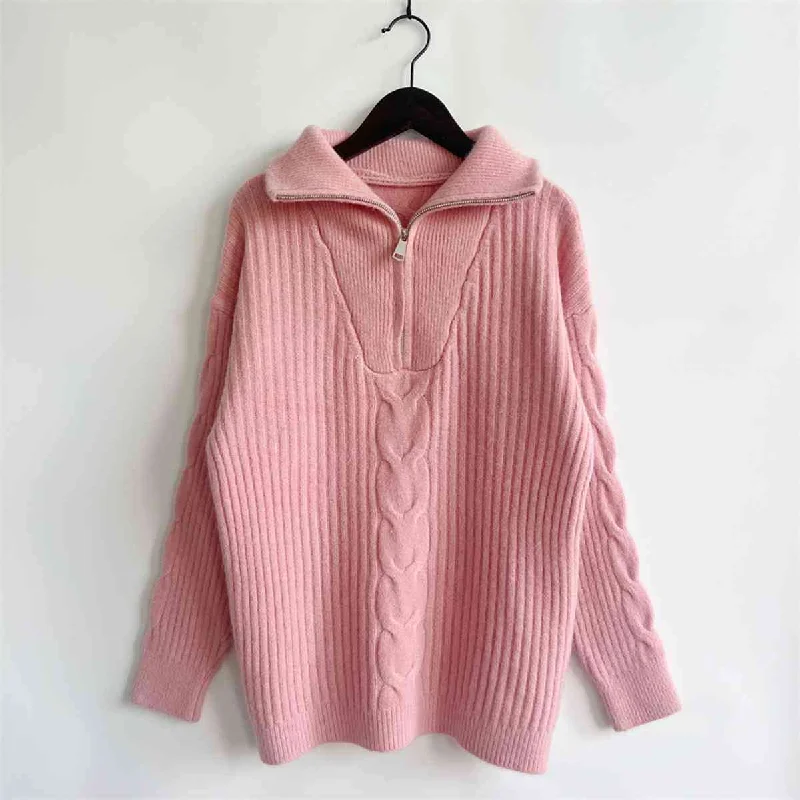 Cashmere Women Sweater with a Luxurious Soft TouchRibbed Half Zip Long Sleeve Sweater