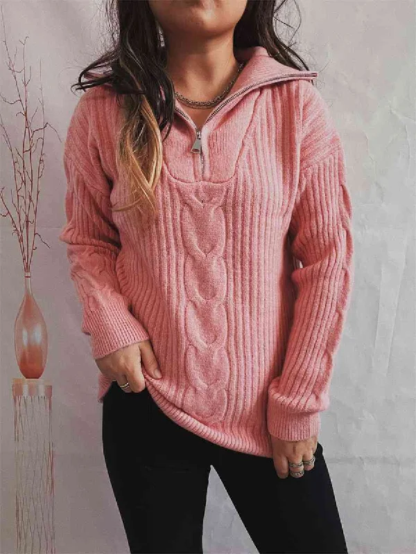 Long - Sleeve Women Sweater with Ribbed CuffsRibbed Half Zip Long Sleeve Sweater