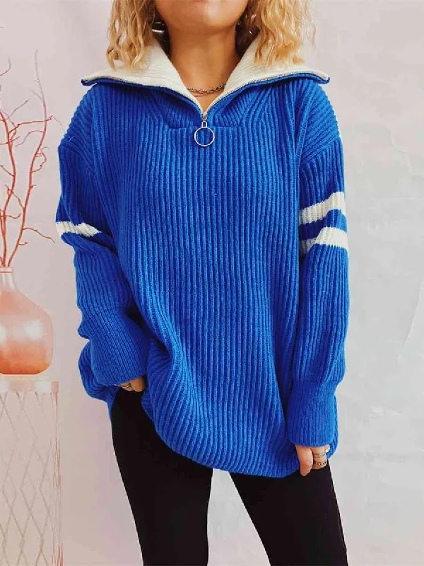 V - Neck Women Sweater to Elongate the NecklineRibbed Two-Tone Half Zip Sweater