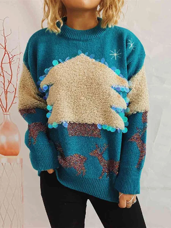 Cable - Knit Women Sweater with Intricate PatternsSequin Christmas Tree & Reindeer Round Neck Sweater