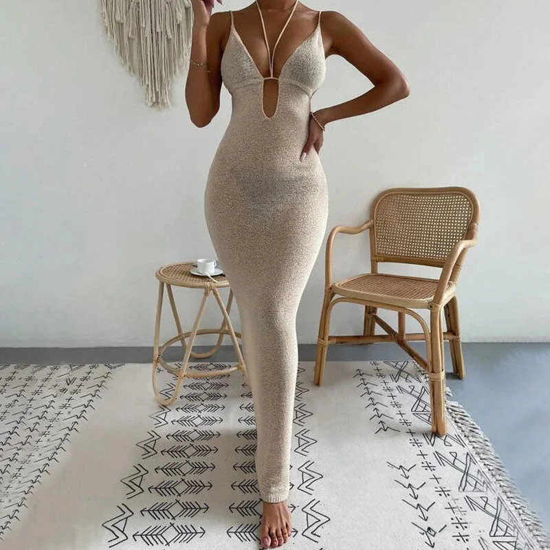 Cable - Knit Women Sweater with Intricate PatternsSexy Deep V Neck Halter Tie Back Cami Sheer Knit Cover Up Maxi Dress