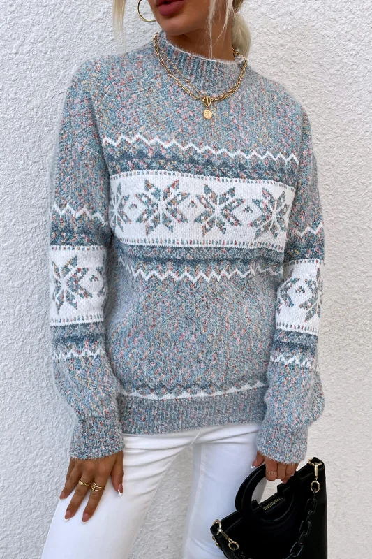 Sequin - Embellished Women Sweater for Special OccasionsSnowflake Pattern Mock Neck Sweater