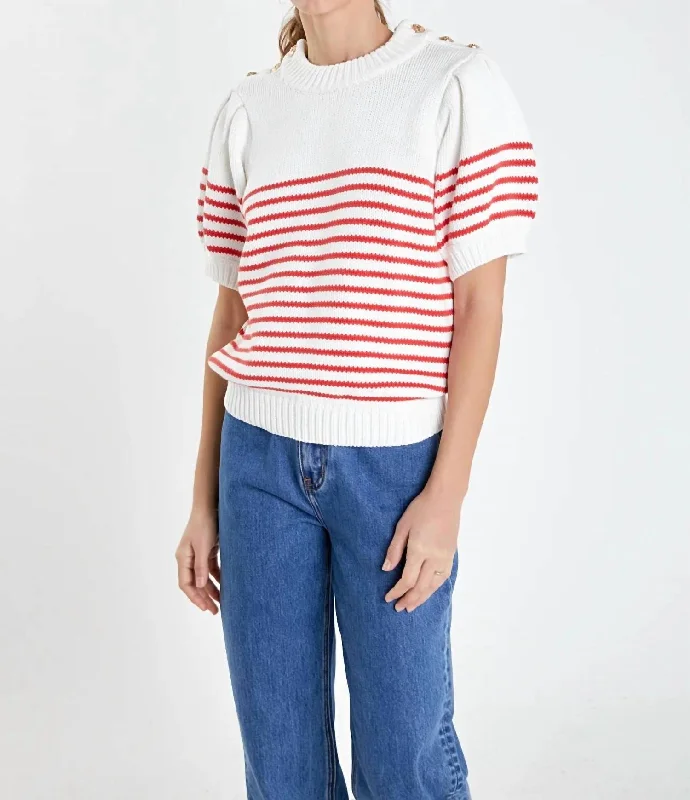 Cable - Knit Women Sweater with Intricate PatternsStripe Puff Sleeve Sweater In Red Stripe