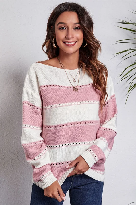 Oversized Women Sweater for a Cozy and Fashionable LookStriped Boat Neck Dropped Shoulder Sweater