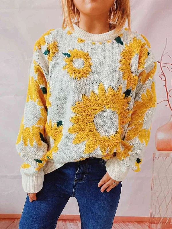 Chunky Knit Women Sweater for Winter WarmthSunflower Dropped Shoulder Long Sleeve Sweater