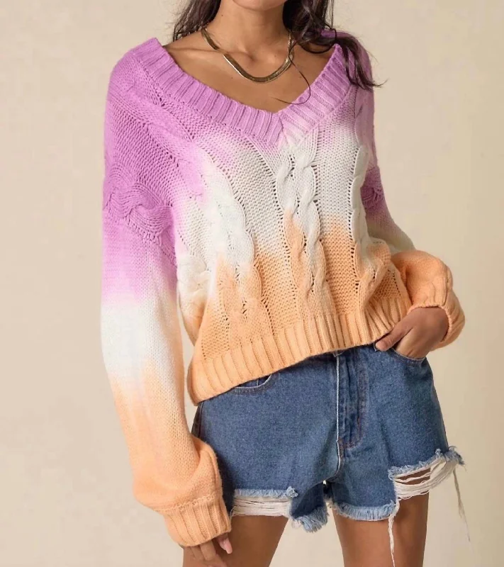 Long - Sleeve Women Sweater with Ribbed CuffsTie Dye Sweater In Purple/white/coral