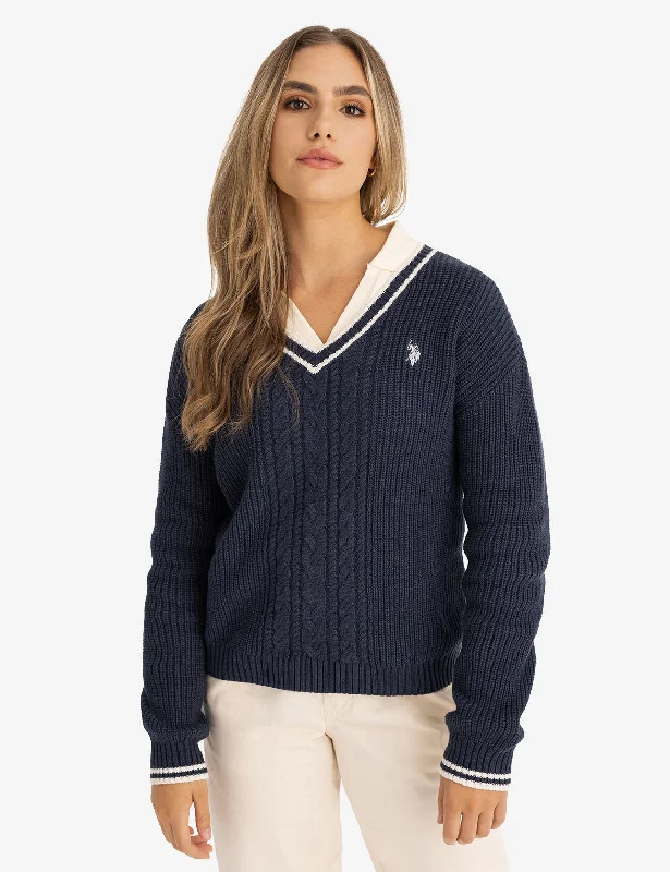 Cashmere Women Sweater with a Luxurious Soft TouchTIPPED CABLE V-NECK SWEATER