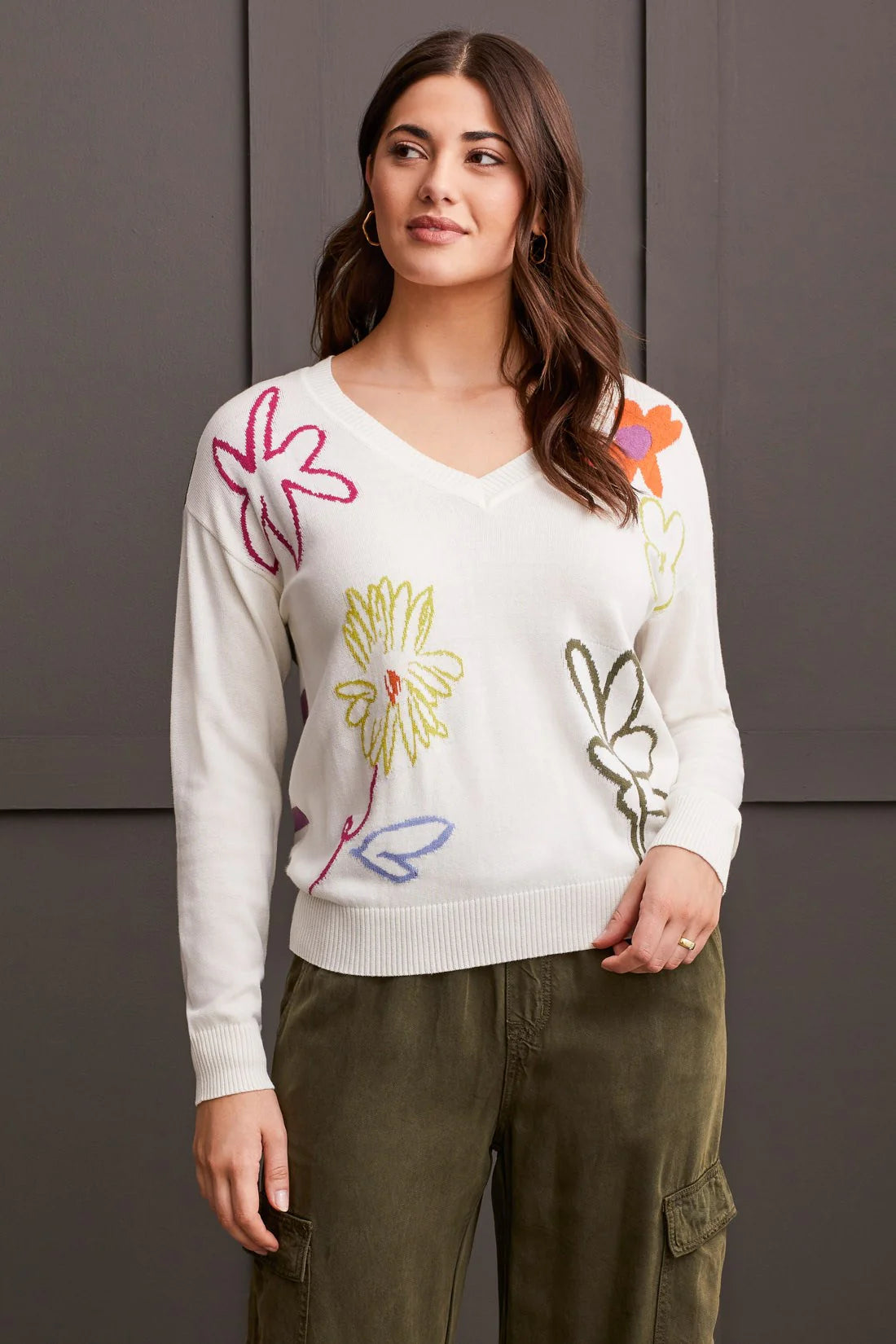 Lightweight Women Sweater for Spring and FallTribal 56680 Eggshell V-Neck Drop Shoulder Sweater