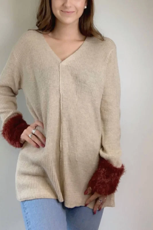 Cashmere Women Sweater with a Luxurious Soft TouchV Neck Sweater With Fur Accent Cuffs In Camel And Rust