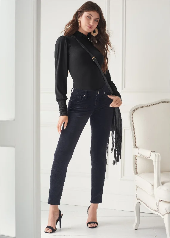 Button - Down Women Sweater for a Versatile LookVelvet Pants - Black