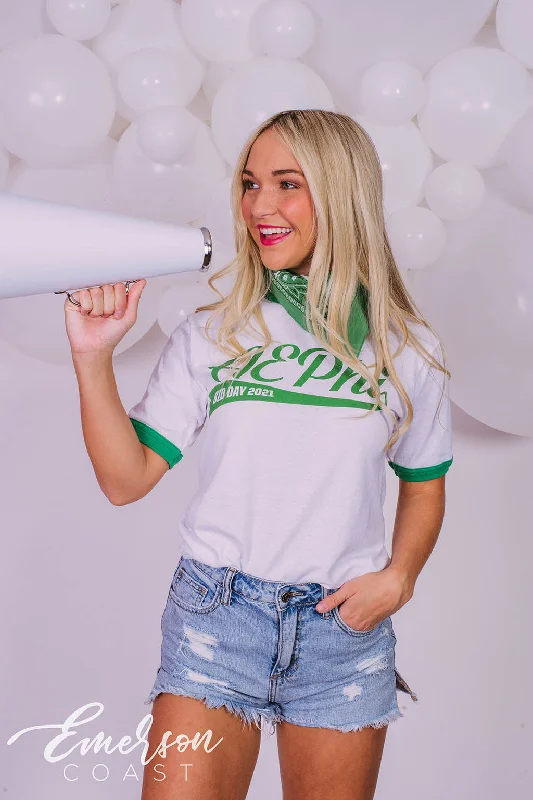 Crop Top Women T Shirt to Pair with High - Waisted BottomsAlpha Epsilon Phi Green Bid Day Ringer