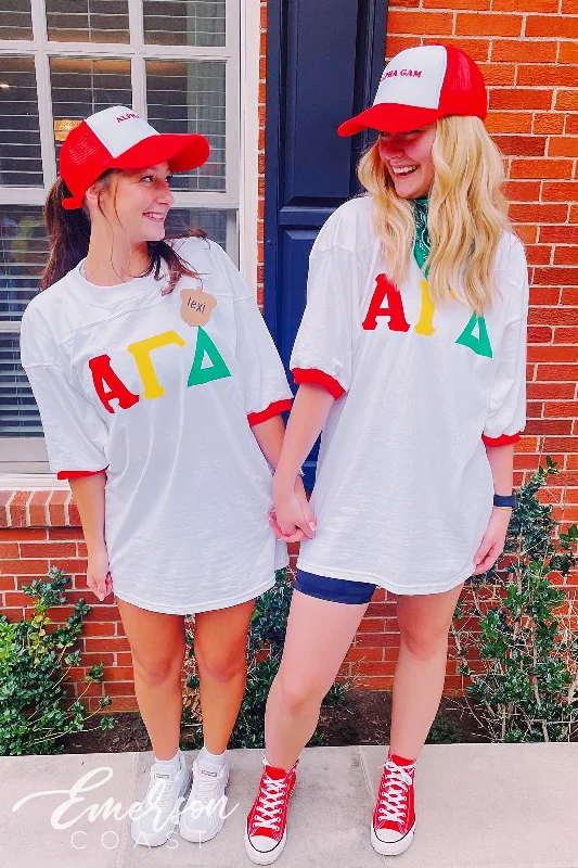 Plus Size Women T Shirt for a Comfortable and Flattering FitAlpha Gamma Delta Red Yellow Green Letters Oversized Jersey