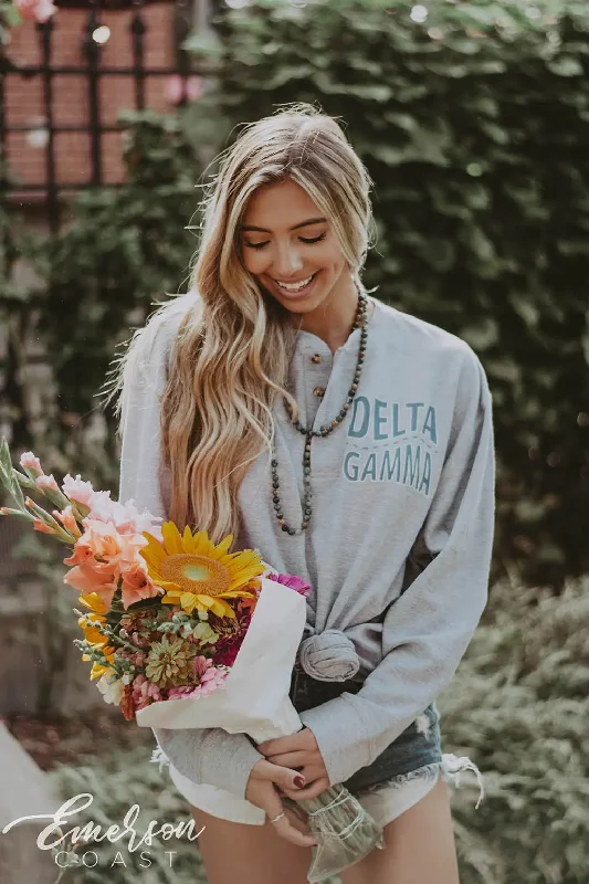 Distressed Women T Shirt with a Laid - Back AestheticDelta Gamma Thermal Henley