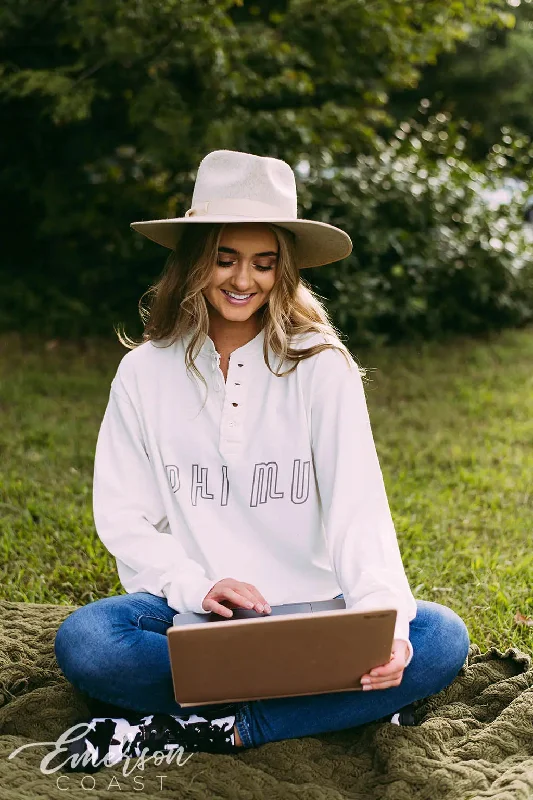 Crop Top Women T Shirt to Pair with High - Waisted BottomsPhi Mu White Long Sleeve Henley