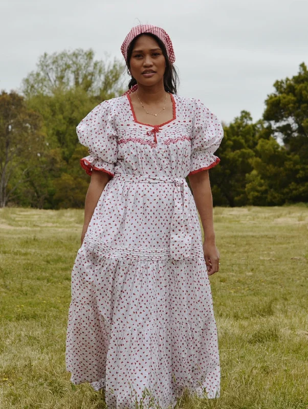 Empire Waist Women Dress to Accentuate the Bust and Conceal the Waist100% RECYCLED COTTON - MORNING SONG HAND SMOCKED TIERED DRESS - STRAWBERRY EMBROIDERED COTTON