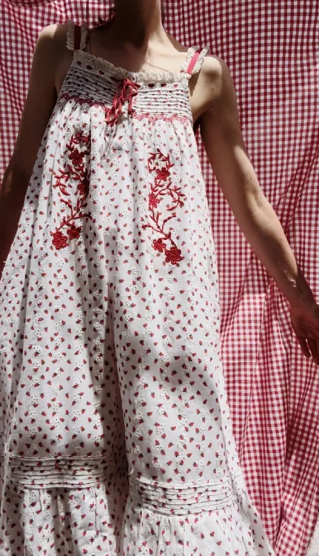 Ruffled Women Dress with Multiple Layers for a Playful and Girly Style100% RECYCLED COTTON - NIGHTINGALE HAND SMOCKED DRESS STRAWBERRY EMBROIDERED COTTON