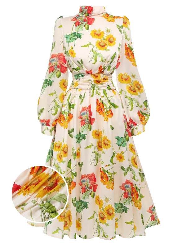 Mini Women Dress with a Short Hem for a Young and Trendy Style1930s Flower Long Sleeves Swing Dress