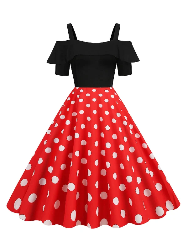 Strapless Women Dress with a Built - in Bra for Comfort and Support1950s Black Patchwork Polka Dot Strap Dress