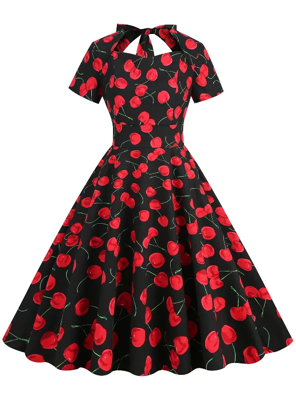 Pleated Women Dress with a Timeless and Elegant Texture1950s Cherry Sweetheart Short Sleeve Lace Up Dress