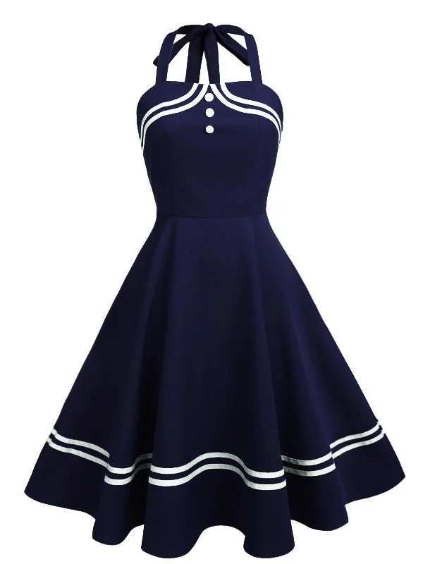 Wrap - Style Women Dress with Adjustable Fit for All Body Types1950s Halter Navy Swing Dress